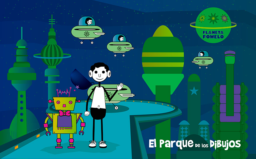 Ilustracion de Planeta Pomelo Un día en la ciudad, con los dibujos del robot Nicasio y Óscar