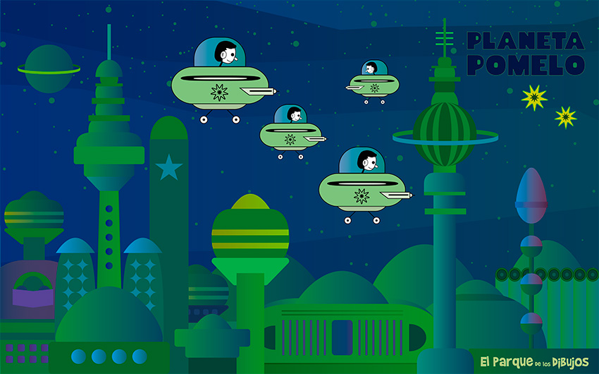 Ilustracion de Planeta Pomelo Un día en la ciudad, los habitantes de Planeta Pomelo pasean en sus naves espaciales