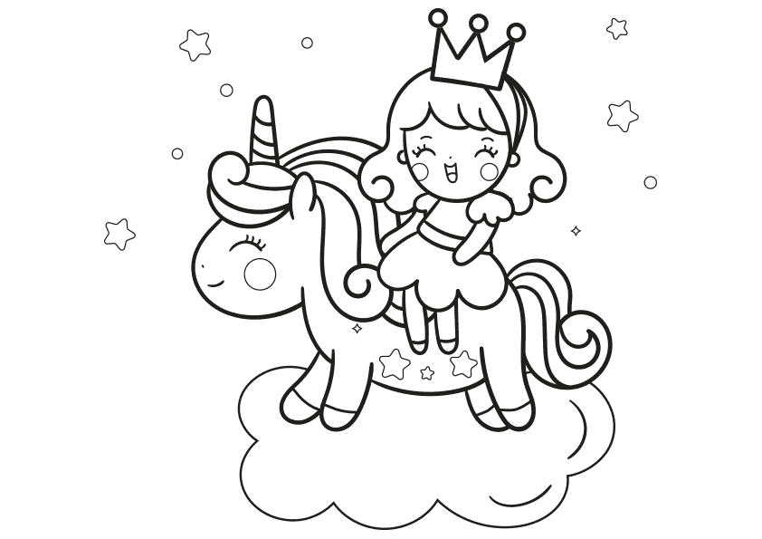 Dibujo para colorear una niña princesa feliz con una corona montada en un  unicornio