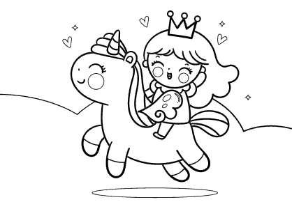 Dibujo para colorear una niña princesa montada en un unicornio