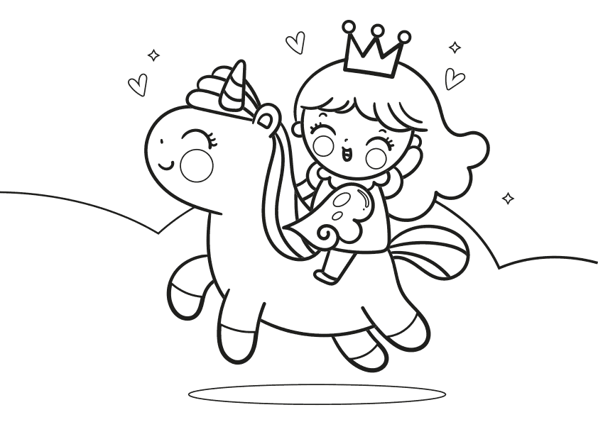 Dibujo para colorear una niña princesa con una corona montada en un  unicornio