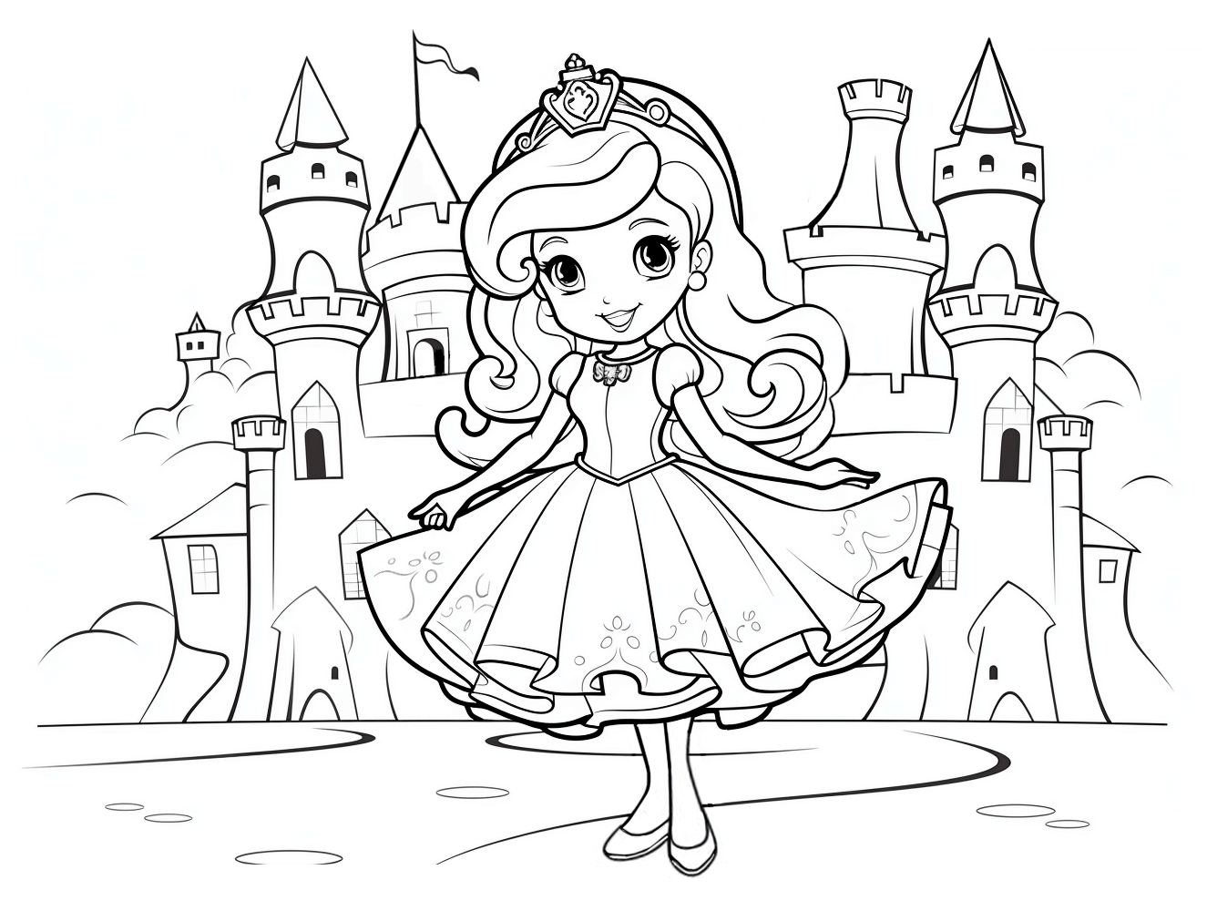 Dibujo de una princesa para colorear con vestido corto