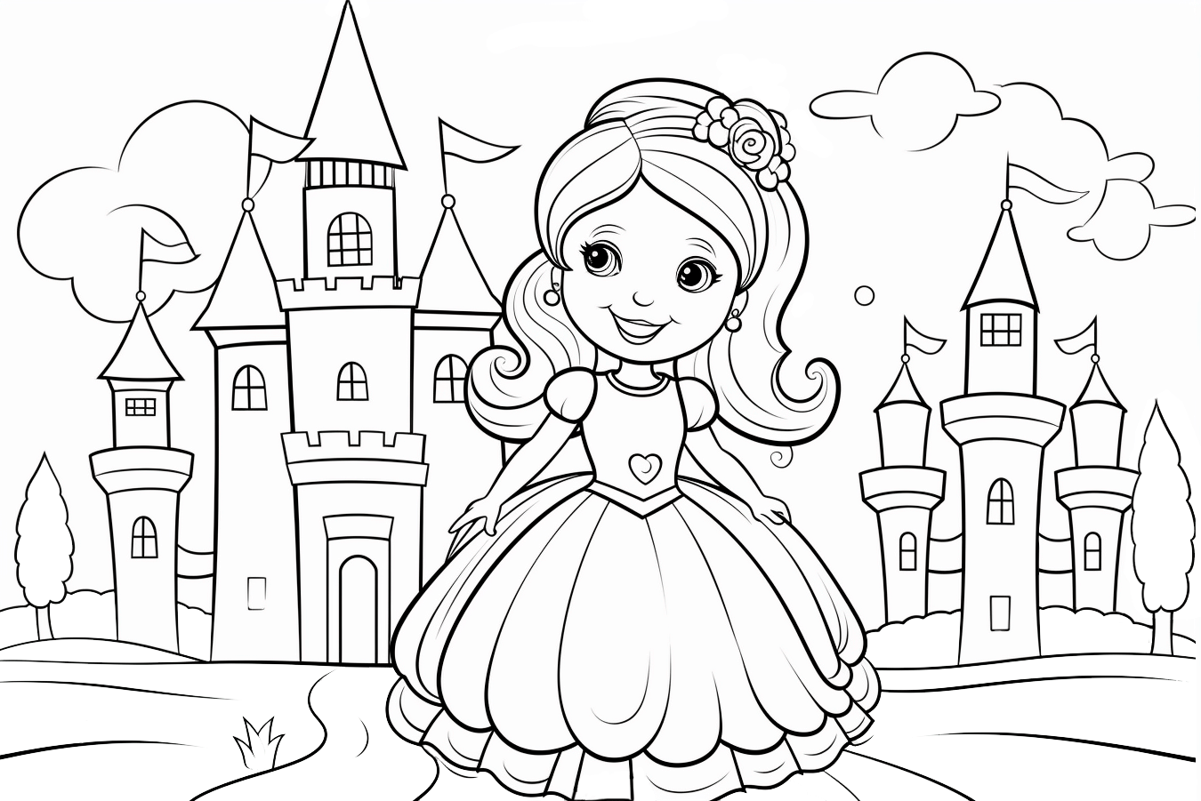 Imagen para colorear de una princesa con vestido delante de su castillo
