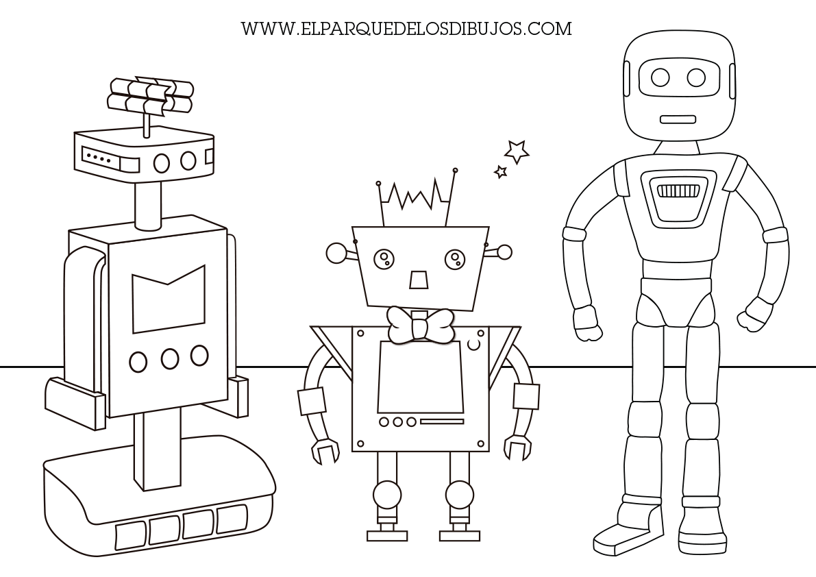 Dibujo para colorear los robots Novi, Nicasio y Carmelo