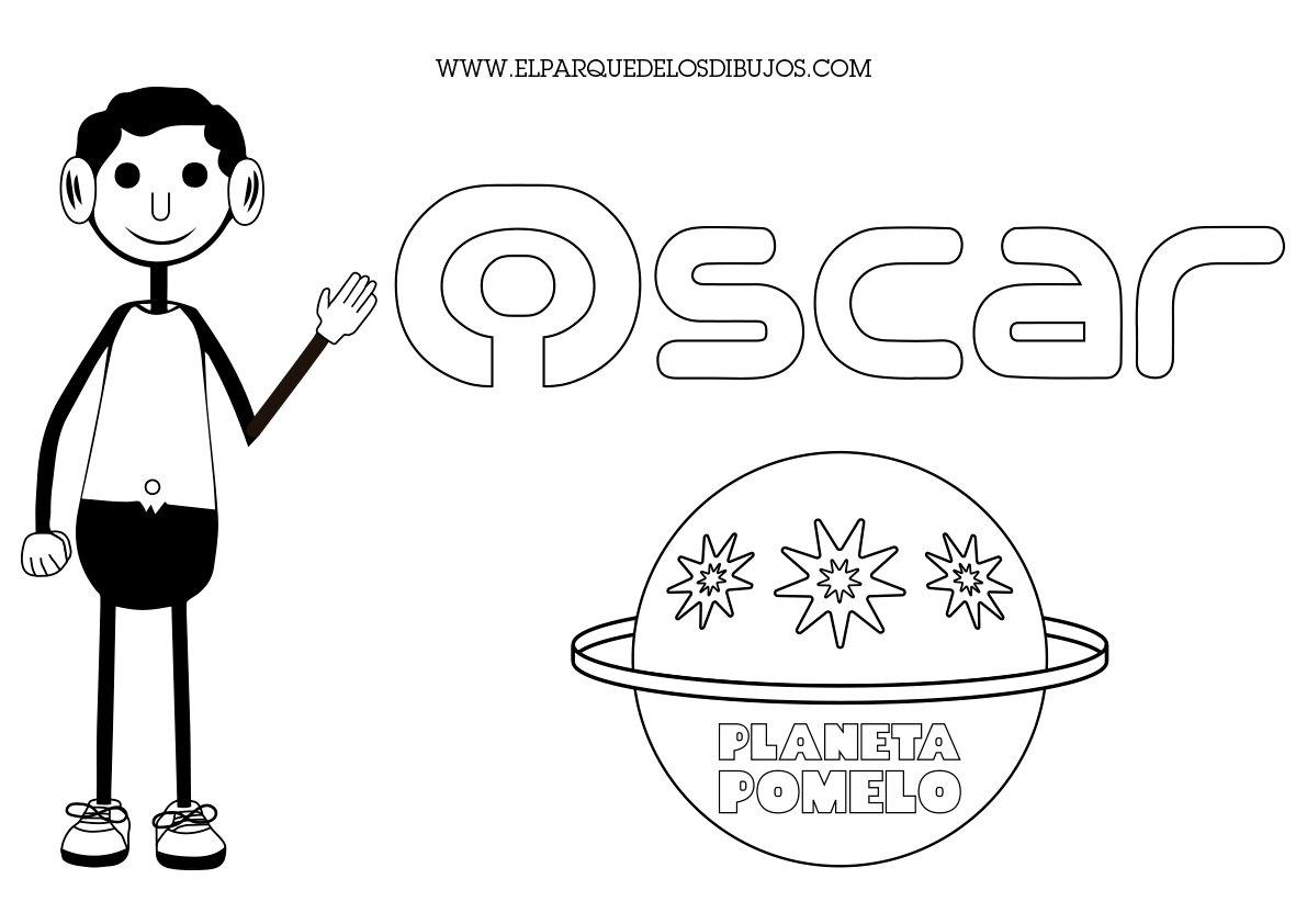 dibujo para colorear el robot Óscar con el logo de Planeta Pomelo