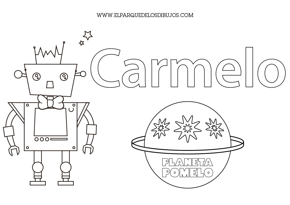 Dibujo para colorear el robot Carmelo con el logo de Planeta Pomelo