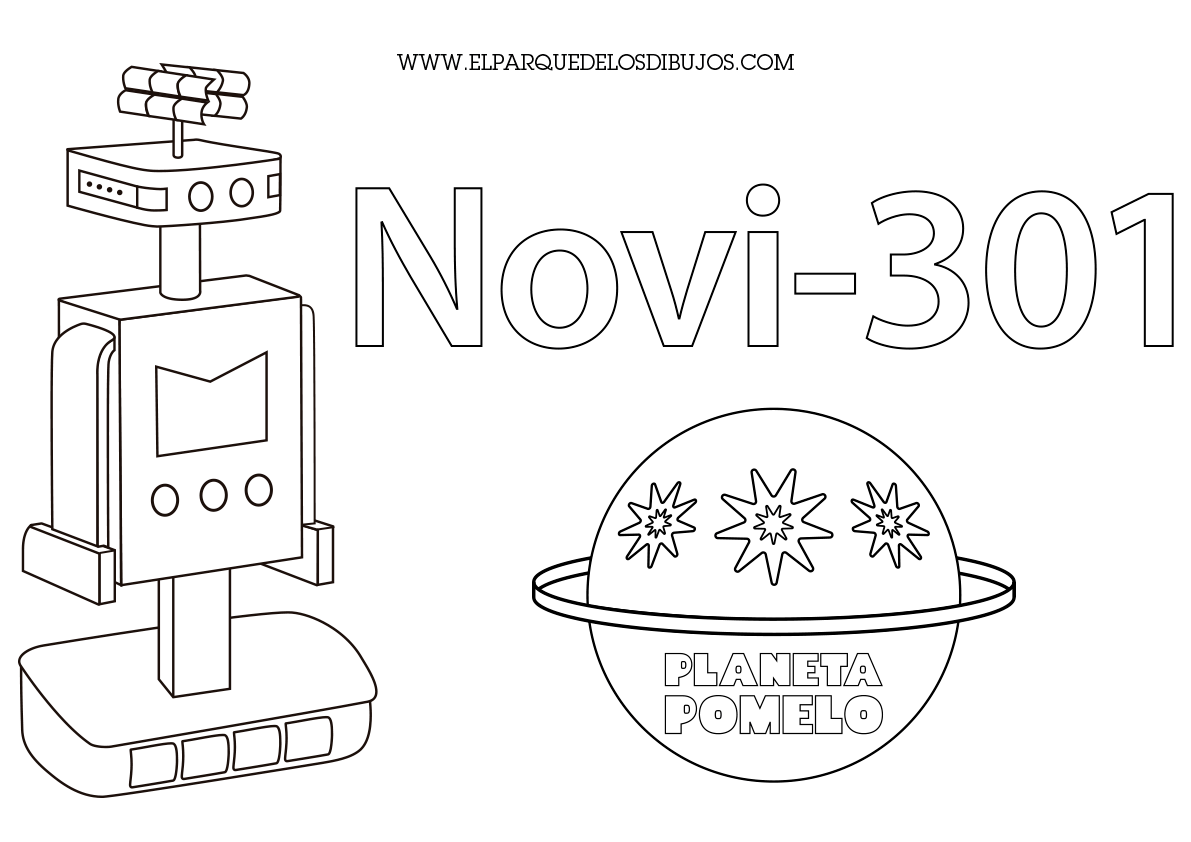 Dibujo para colorear del robot Novi-301 con el logo del Planeta Pomelo