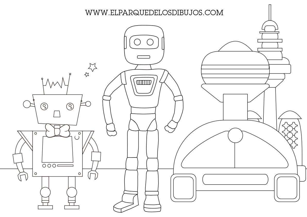 Dibujo para colorear Carmelo y Nicasio con su vehículo espacial Robots de Planeta Pomelo