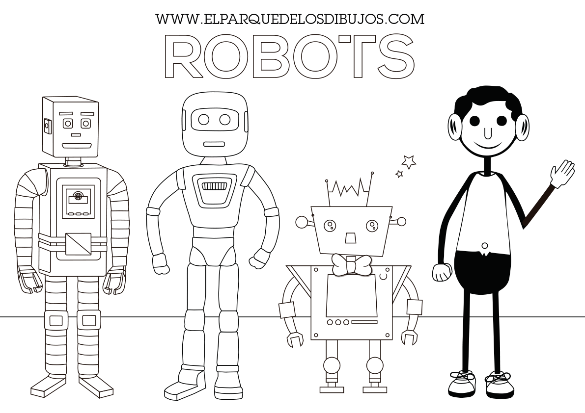 Dibujo para colorear Walt-5m, Nicasio, Carmelo y Óscar Robots de Planeta Pomelo
