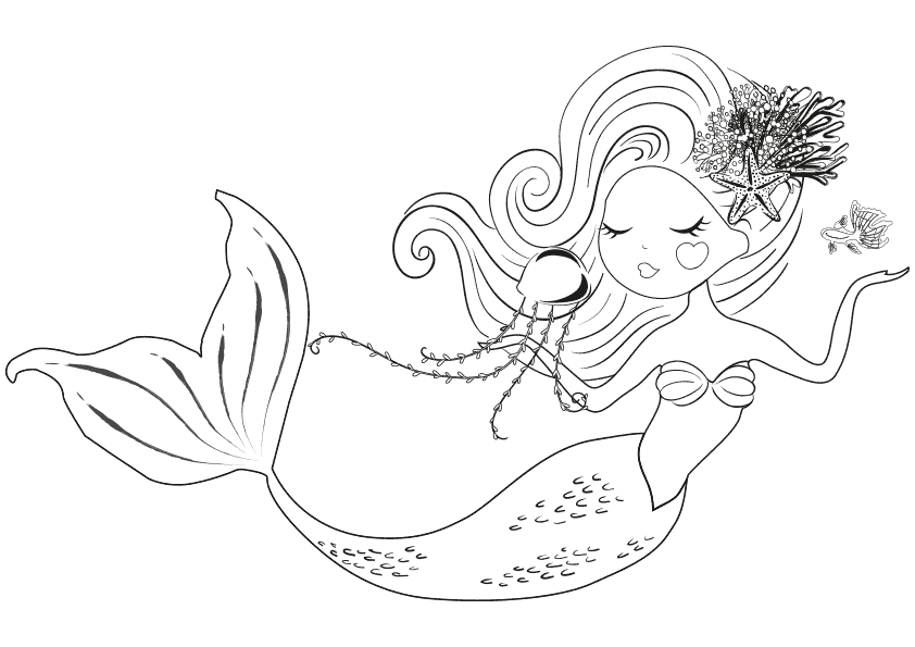 Dibujo para colorear una sirena con una medusa y una estrella de mar en el pelo