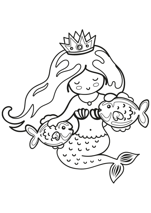 Dibujo para colorear una sirena con peces