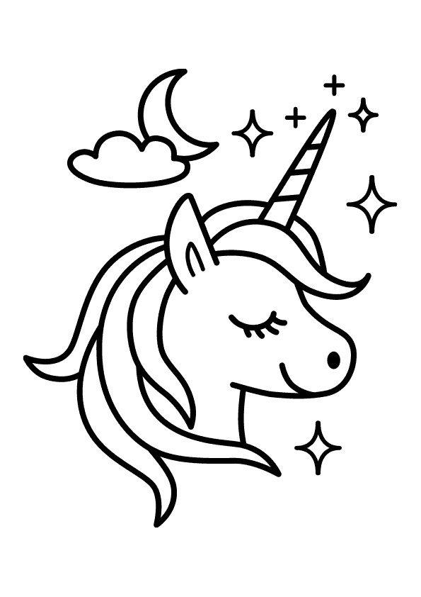 Dibujo para colorear la cabeza de un unicornio soñando