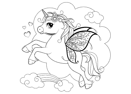 Dibujo para colorear un unicornio con alas decoradas.