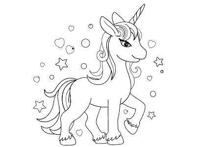 Dibujo para colorear un unicornio con el pelo largo con estrellas