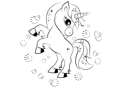 Dibujo para colorear un unicornio mágico con corazones y estrellas.