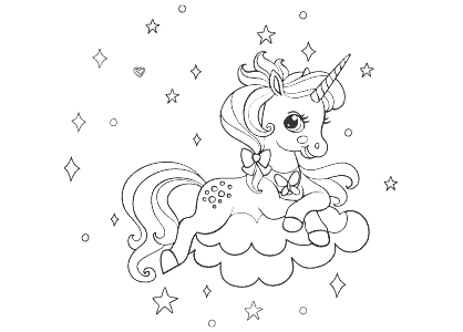 Dibujo para colorear un unicornio sobre una nube con corazones y estrellas