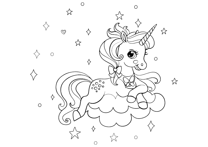Dibujo para colorear un unicornio sobre una nube con estrellas