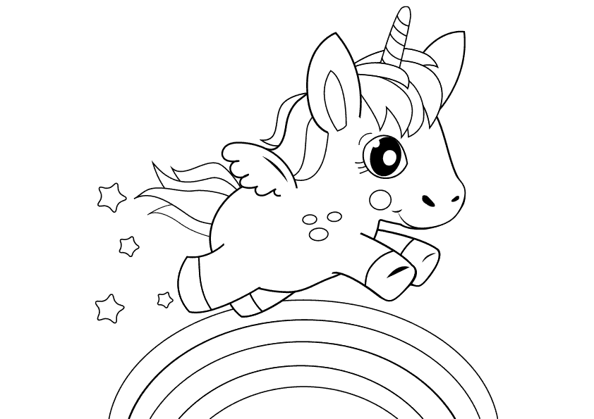 Dibujo para colorear un unicornio saltando un arcoíris