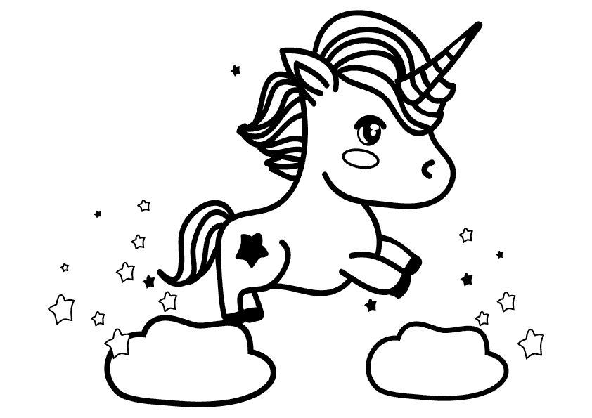 Dibujo para colorear un unicornio saltando unas nubes