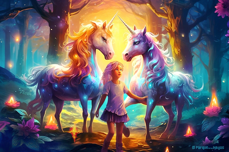 Ilustración de dos unicornios con una niña en un bosque encantado
