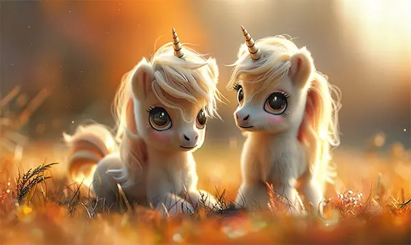 Imagen de una pareja de unicornios bebé en una pradera