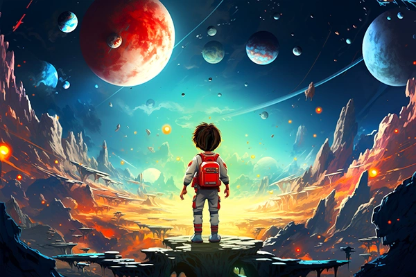 Chico explorador espacial mirando los planetas.