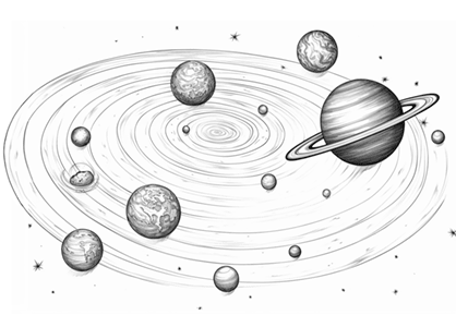 Dibujos de planetas para colorear. Dibujo de un conjunto de planetas orbitando.