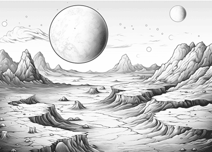 Dibujos de planetas. Paisaje de un planeta con varias lunas.
