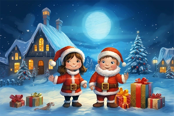 Imagen clásica de un niño y una niña vestidos de Papá Noel