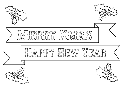 Dibujo de decoración de Navidad de un cartel con el texto Merry Xmas, Happy New Year.