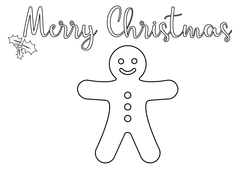 Dibujo de Navidad para colorear una galleta de jengibre con el título Merry Christmas