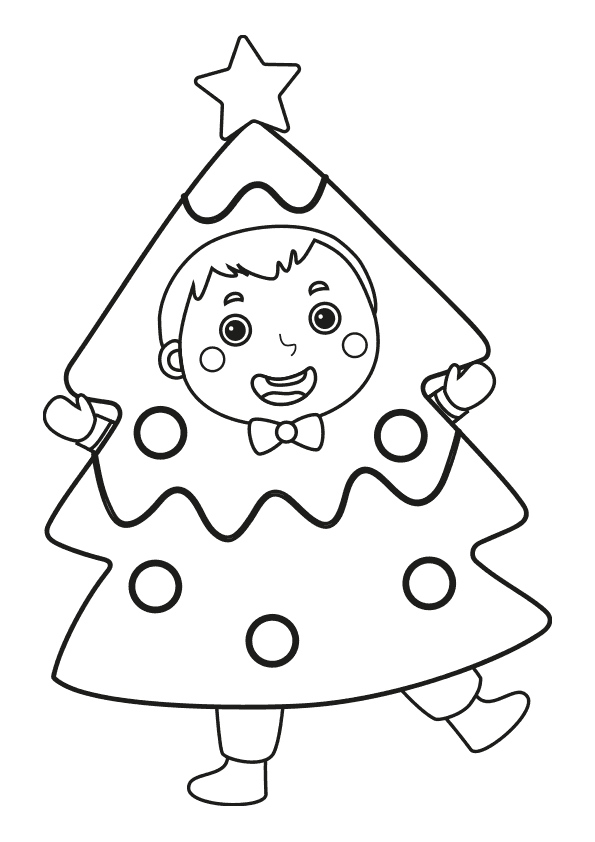 Dibujo de Navidad para colorear un niño vestido de árbol de Navidad