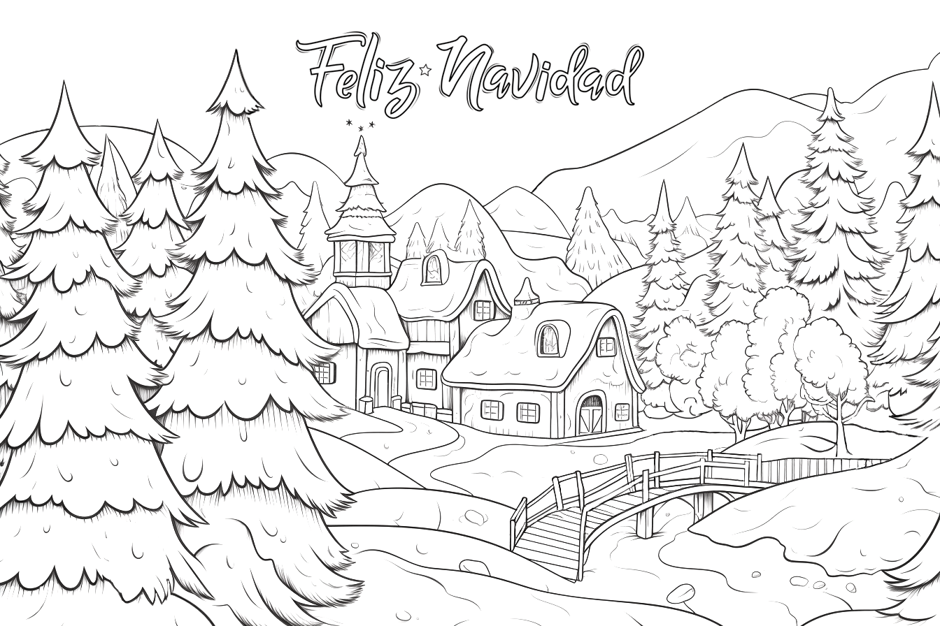 Imagen navideña de un pueblo en las montañas nevadas con la frase Feliz Navidad
