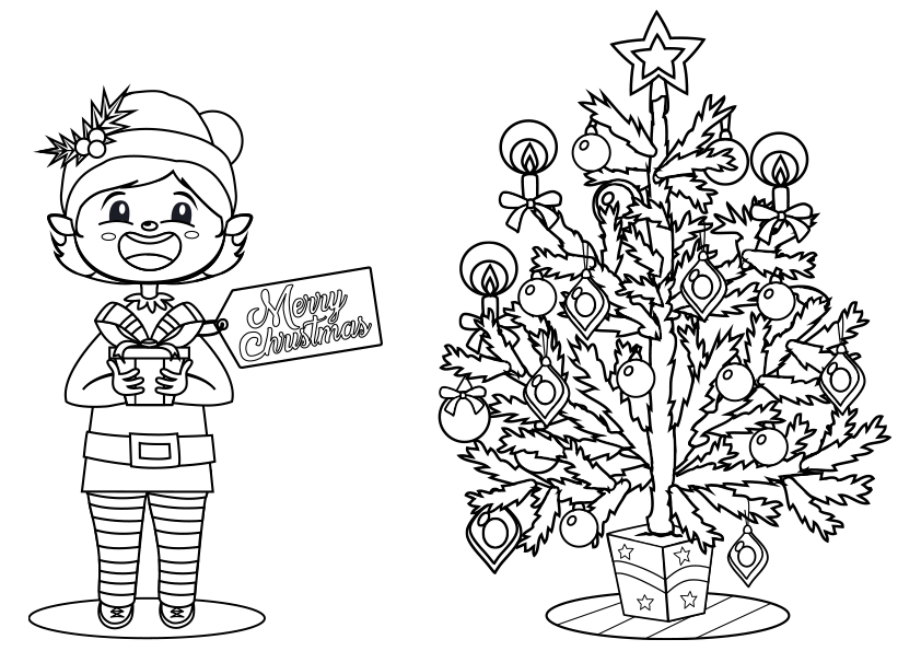 Dibujos de Navidad. Dibujo de un Elfo de Navidad que tiene un regalo con una tarjeta que pone Merry Christmas y está junto al árbol de Navidad, con luces y estrellas.