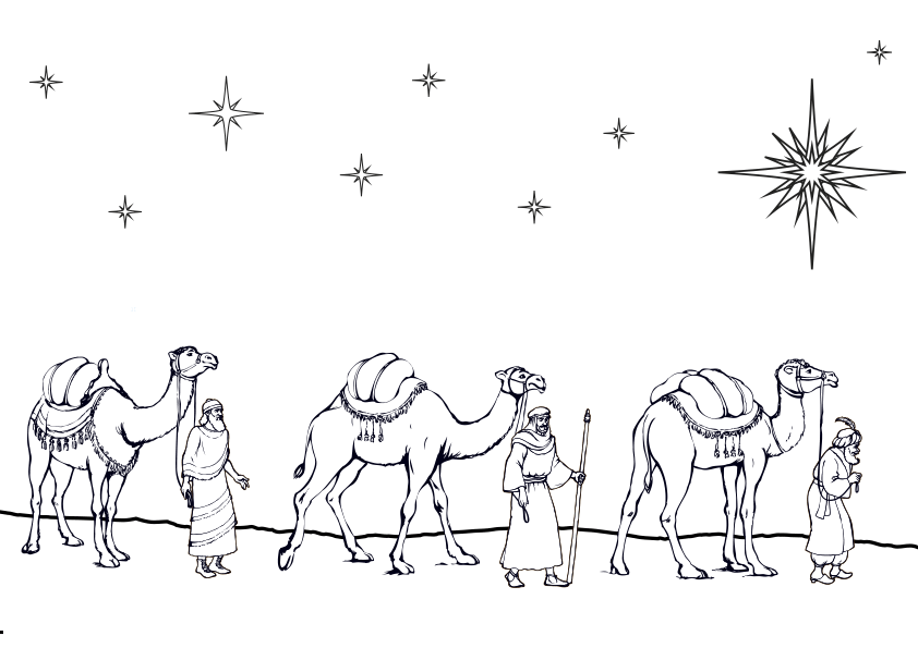 Dibujos de Navidad. Dibujo de Los 3 Reyes Magos de Oriente para colorear.  Melchor, Gaspar y Baltasar.