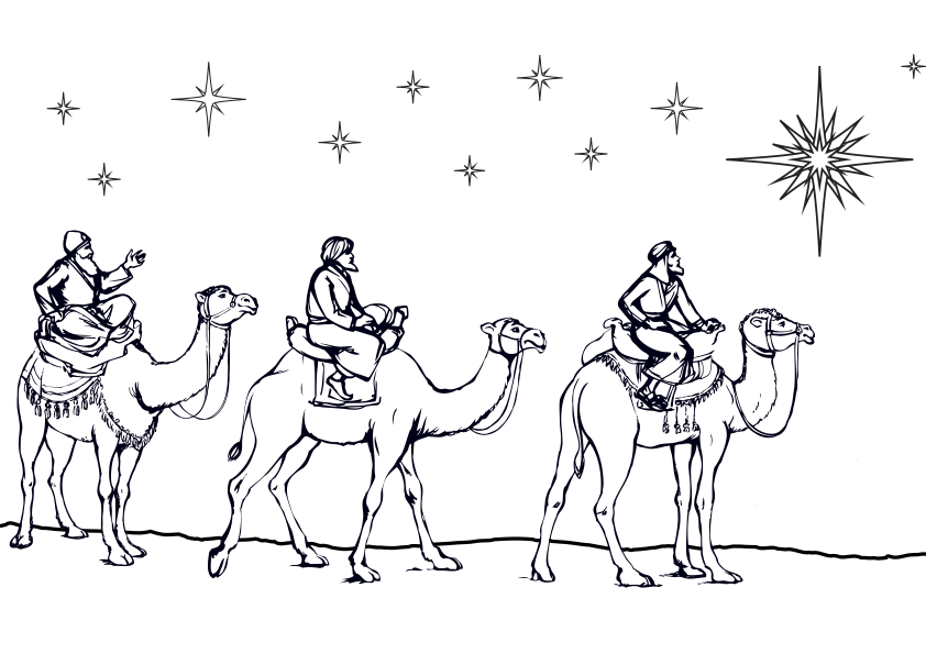 Dibujos de Navidad. Dibujo de Los 3 Reyes Magos para colorear. Dibujo de Melchor, Gaspar y Baltasar para colorear.