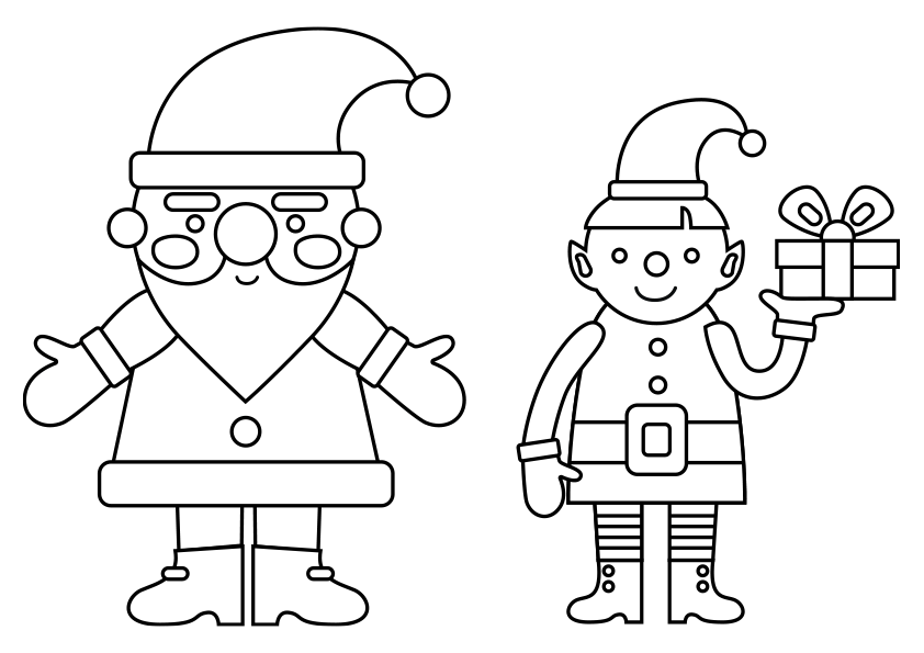 Dibujos de Navidad. Dibujo de un Elfo con Papá Noel para colorear.