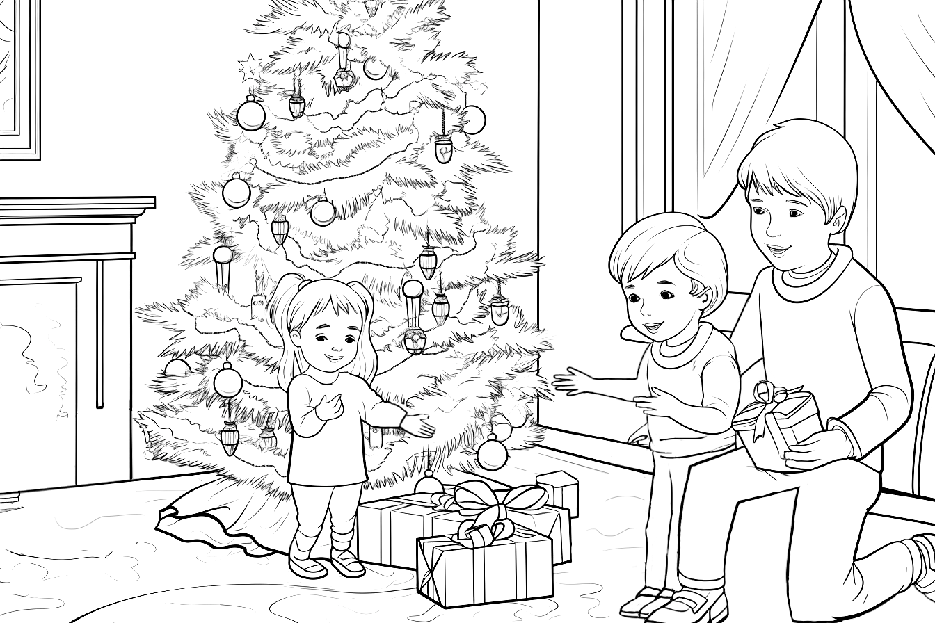 Imagen de una escena típica navideña de unos niños con regalos junto al árbol de Navidad