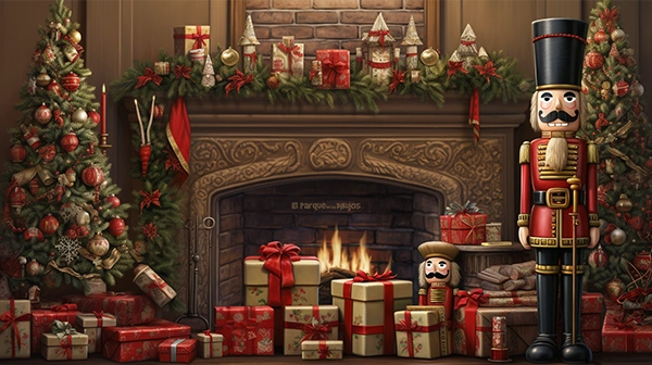 Imagen escena navideña típica de una habitación con chimenea, regalos y el cascanueces