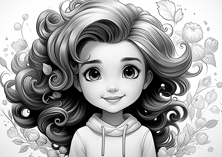 Ilustración de dibujos animados en blanco y negro del libro de colorear personaje chica