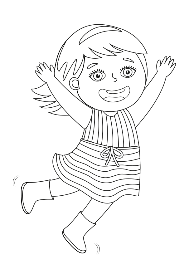 Ilustración de dibujos animados en blanco y negro del libro de colorear de personaje de niña feliz.