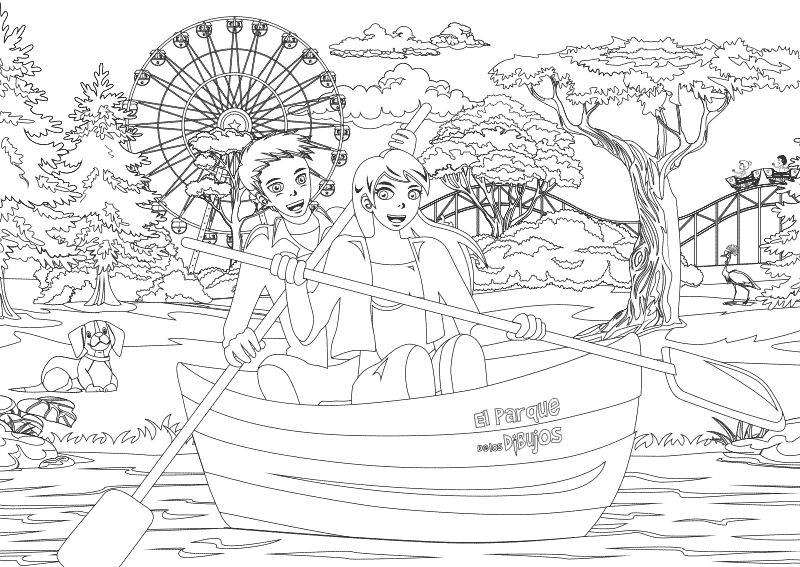 Dibujo para colorear Paseo en barca en el lago del parque de atracciones