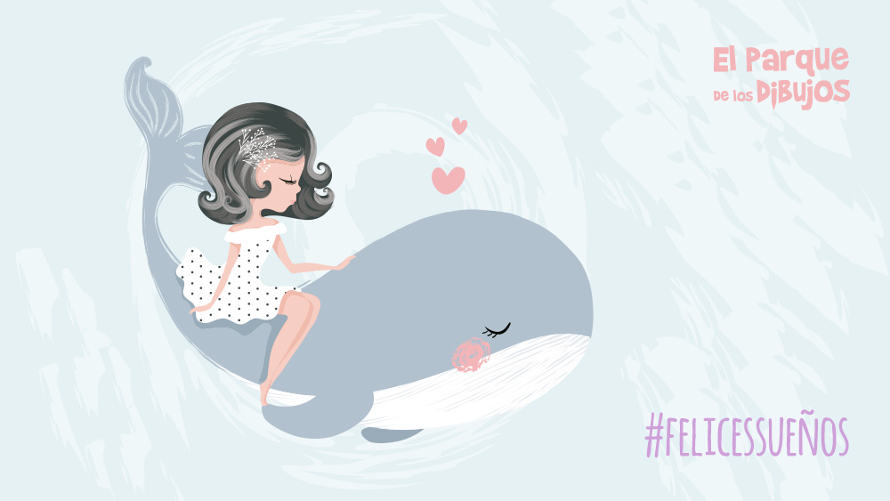 Ilustración infantil de una chica con una ballena 'Felices Sueños'
