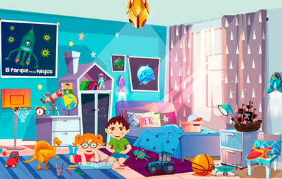 Dibujo infantil de Iker y Mila jugando y dibujando en su habitación