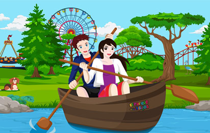 Dibujo infantil de Alberto y Noa que han ido al parque de atracciones y están dando un paseo en barca