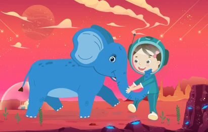 Dibujos infantiles. Olivia, la niña astronauta está jugando con el elefante azul.