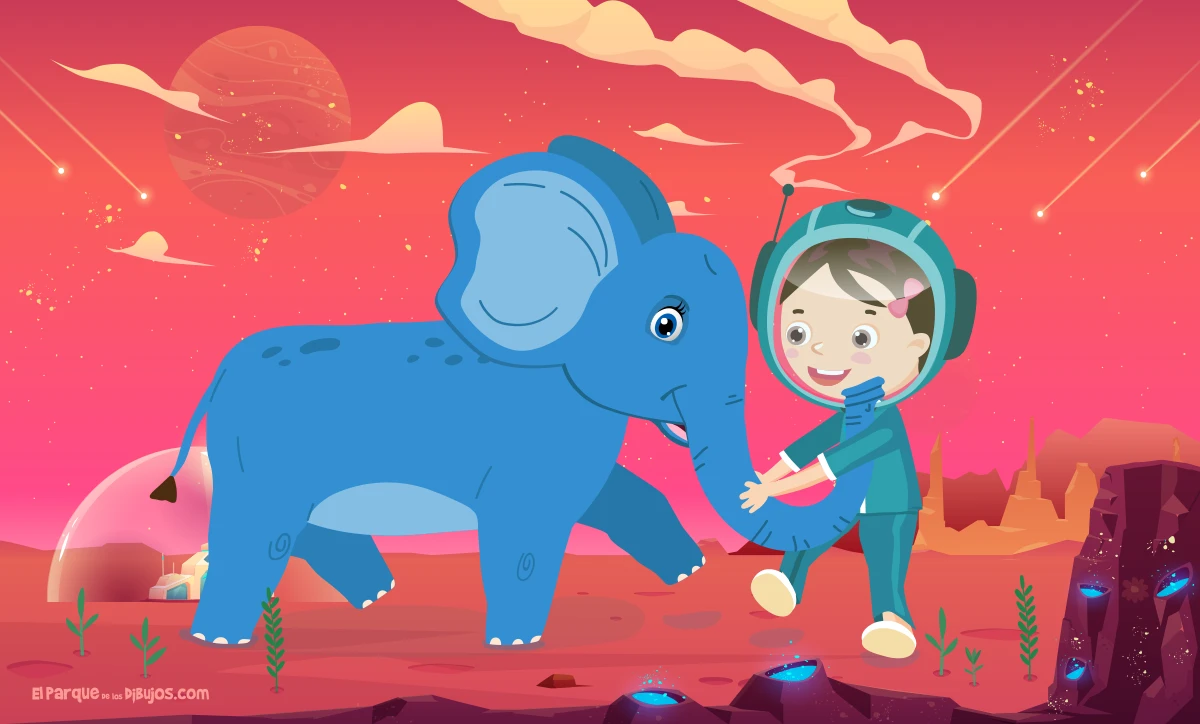 Dibujo de Olivia, la niña astronauta, jugando con el elefante azul, en un planeta extraterrestre.
