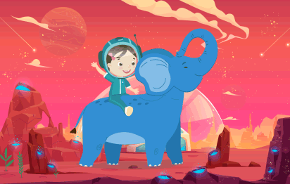 Dibujos infantiles niña montando en elefante azul. Descarga este dibujo en alta calidad para imprimir
