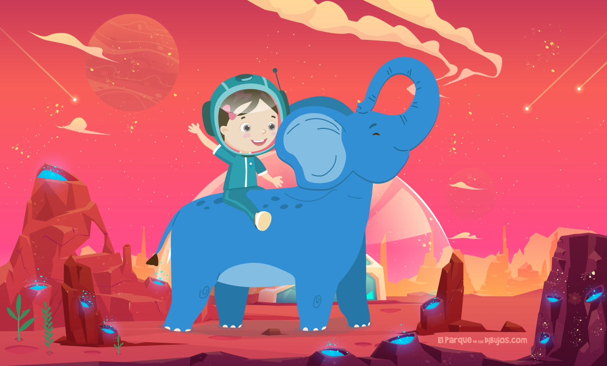 Dibujo infantil de una niña montando en elefante en un planeta extraterrestre