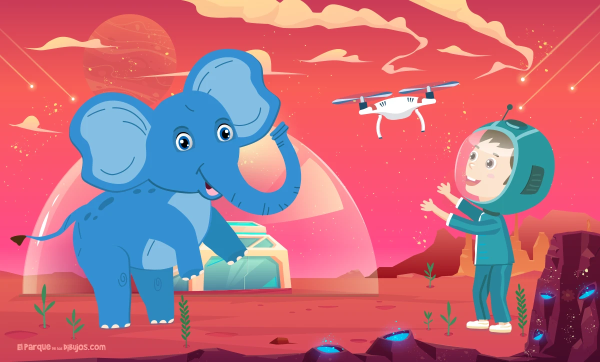 Dibujo de Olivia, la niña astronauta, jugando con el elefante azul y un dron.